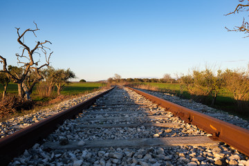 Abandoned railroad crossing countryside. Apulia, Italy.