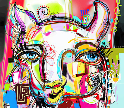 unique abstract digital art painting of llama portrait
