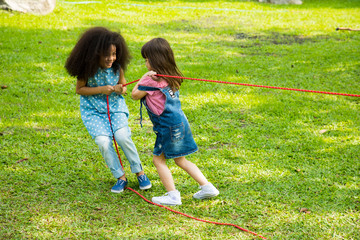 Kids playing tug of war at the park