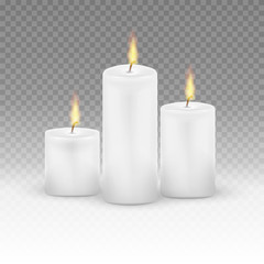 Fototapeta na wymiar Burning candles set. Realistic Candles Flame Fire Light isolated on transparent background. Vector illustration.