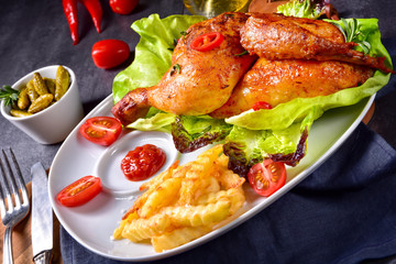 fried chicken with chips and salad
