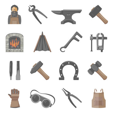 Blacksmith tools and equipment icon set