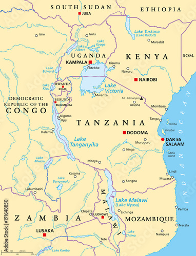 African Great Lakes Political Map With Capitals Borders