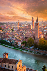 Beautiful sunset aerial view of  Verona, Veneto region, Italy. - obrazy, fototapety, plakaty