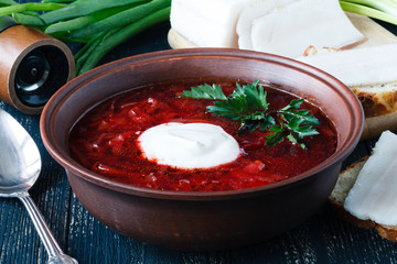 Traditional red soup borscht with meat