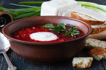 Traditional red soup borscht with meat