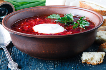 Traditional red soup borscht with meat