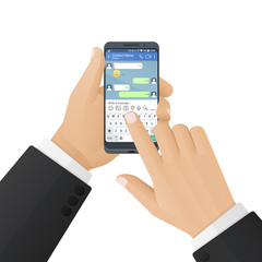 Man in a business suit prints a message in an instant messaging application. Vector illustration isolated on a white background