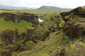 Islandia - ścieżka wzdłuż rzeki nad wodospadem Skógafoss © Iwona