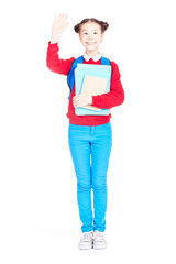 Fototapeta premium Portrait of female student holding notebooks and textbooks on white background