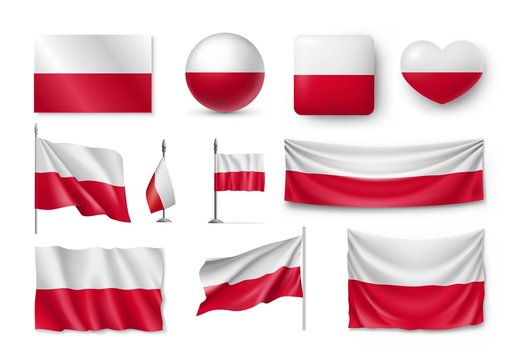 Set Poland flags, banners, banners, symbols, flat icon. Vector illustration of collection of national symbols on various objects and state signs