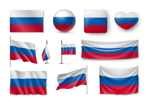 Set Russia flags, banners, banners, symbols, flat icon. Vector illustration of collection of national symbols on various objects and state signs