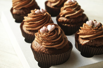 Tasty home made baked birthday muffin sweets. Yummy bakery products bad for figure. Unhealthy sweets. Holiday christmas, womens mothers day, happy valentine, february. Make up present for girlfriend