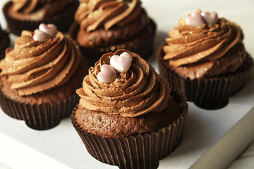 Tasty home made baked birthday muffin sweets. Yummy bakery products bad for figure. Unhealthy sweets. Holiday christmas, womens mothers day, happy valentine, february. Make up present for girlfriend
