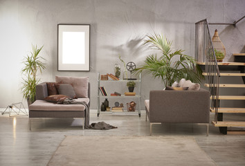 decorative living room grey objects and wooden stairs