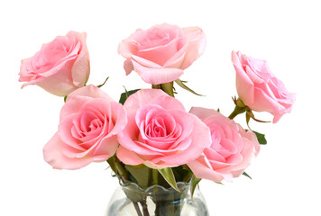 Bunch of pink roses in vase isolated on white