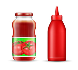Vector tomato ketchup sauce glass plastic bottles. Blank empty packaging mockup for brand advertising design. Realistic 3d containers natural organic food ads template isolated on white background
