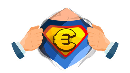 Fototapeta na wymiar Euro Sign Vector. Superhero Open Shirt With Shield Badge. Isolated Flat Cartoon Comic Illustration