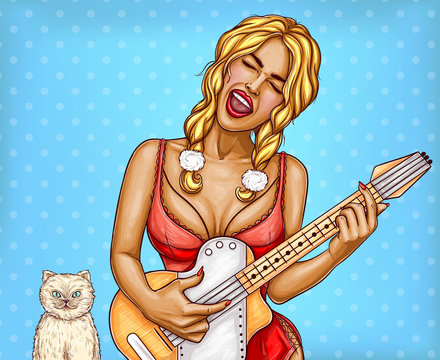 Vector glamour blonde girl in red babydoll lingerie playing electric guitar and singing song with pleasure. Pop art concept with young sexy woman in underwear and white cat on blue dotted background
