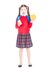 Portrait of Asian schoolgirl in uniform holding lunchbox and paper cup with drinking straw