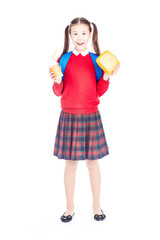 Portrait of Asian schoolgirl in uniform holding lunchbox and paper cup with drinking straw