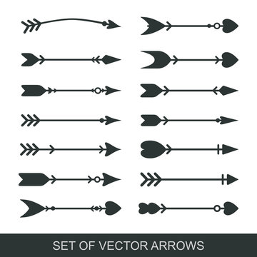 Set of black hand drawn arrows for bow. Hipster ethnic vector elements. arrow cupid with a heart. Illustrations for Web Design