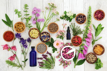 Natural herbal medicine selection with herbs and flowers in wooden bowls and loose, glass aromatherapy essential oil bottles and mortar with pestle on rustic wood background. Top view. - obrazy, fototapety, plakaty