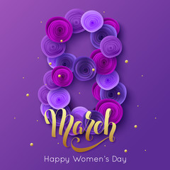 8 March elegant greeting card ultra violet paper rose flowers. Vector illustration