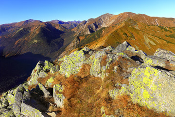 Poland, Tatra Mountains, Zakopane - Goryczkowa Pass na Zakosy, Cicha Liptowska, Jaworowa, Hlina, Tomanowa Liptowska Valleys and Czerwone Wierchy peaks with Western Tatra in background