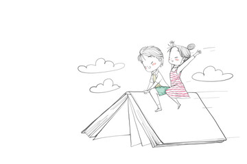 Cute childrens boy and girl riding a book. They are flying above the sky laugh and happy. Vector Illustration hand drawn.