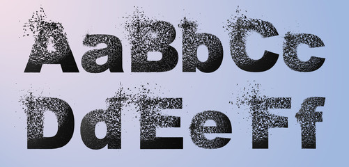 Vector alphabet set, letters with effect of destruction