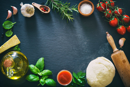 Top view of ingredients for cooking pizza or pasta