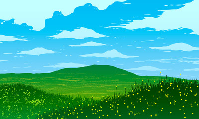 Vector illustration. Green meadows and flowers in spring.