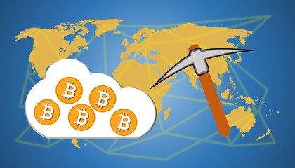 Illustration of bitcoin cloud mining. The Crypto Currency mining concept. 