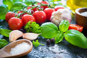 Ripe tomatoes with fresh basil, garlic and other herbs with water drops on slate plate