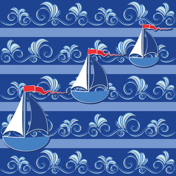 Sailboats on openwork waves. Pattern. Background image, design for textiles, packaging materials.