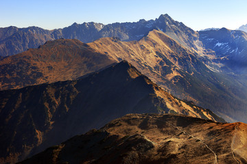 Poland, Tatra Mountains, Zakopane - Pass under Kopa Kondracka, Goryczkowa Czuba, Beskid, Liliowe and Swinica peaks with High Tatra in background