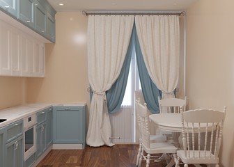 3d rendering of new luxury classic wooden kitchen in soft colors