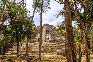 Central ancient pyramid of old Mayan civilization city,  Lamanai archeological site, Orange Walk District, Belize
