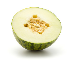 Melon Piel de Sapo one section half (Santa Claus Christmas variety) isolated on white background green striped outer rind.