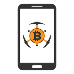 Smartphone with bitcoin gold symbol and pickaxes on screen. Concept of mobile crypto currency mining. Vector icon.