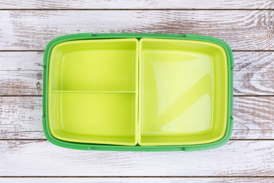 Empty Lunch Box On Wooden Table, Top View