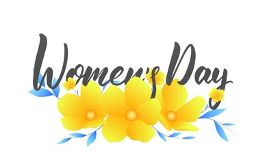 Fototapeta na wymiar Women Day March 8. Banner with spring flowers and calligraphy for International Women's Day