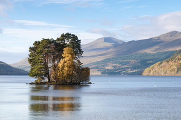 Loch Tay / Trees on the Isle of Spar in Loch Tay, Scotland. 25 October 2017