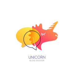 Vector doodle unicorn horse and speech bubble, logo icon or emblem template. Illustration of unicorn pinkl head for blog, chat or forum design.