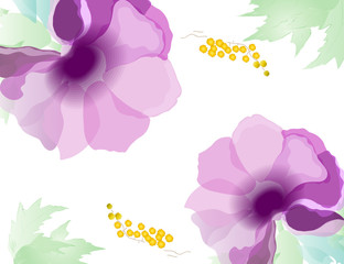 Lilac flowers and branches of Mimosa on a white background.