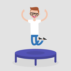 Young cheerful character jumping on the trampoline. Active leisure. Flat editable vector illustration, clip art