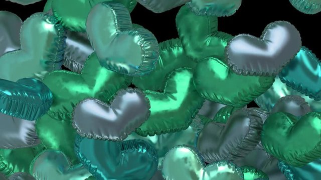 3d rendered transition footage. Heart shaped flying green balloons, which are full fill the screen at frame 158 and then flying away