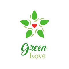 Logo organic food. Green love slogan on white background. Hand lettering icon. Eco friendly products farming symbol.