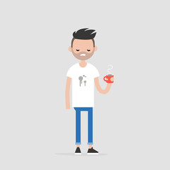 Spilled coffee. Young annoyed character wearing a stained t-shirt. Concept. Trouble. Flat editable vector illustration, clip art